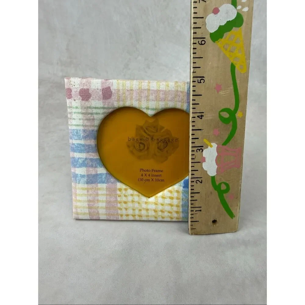 Vintage Heart Picture Frame Plaid Fabric Cottagecore 4x4 Shabby Chic